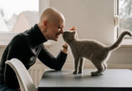 strong woman fighting breast cancer plays with cat at home